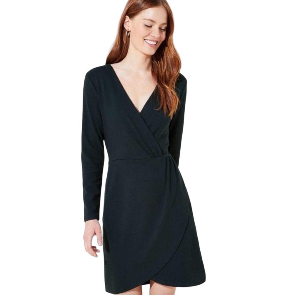 Loft Dark Green V-Neck Faux Wrap Long Sleeve Dress (2)